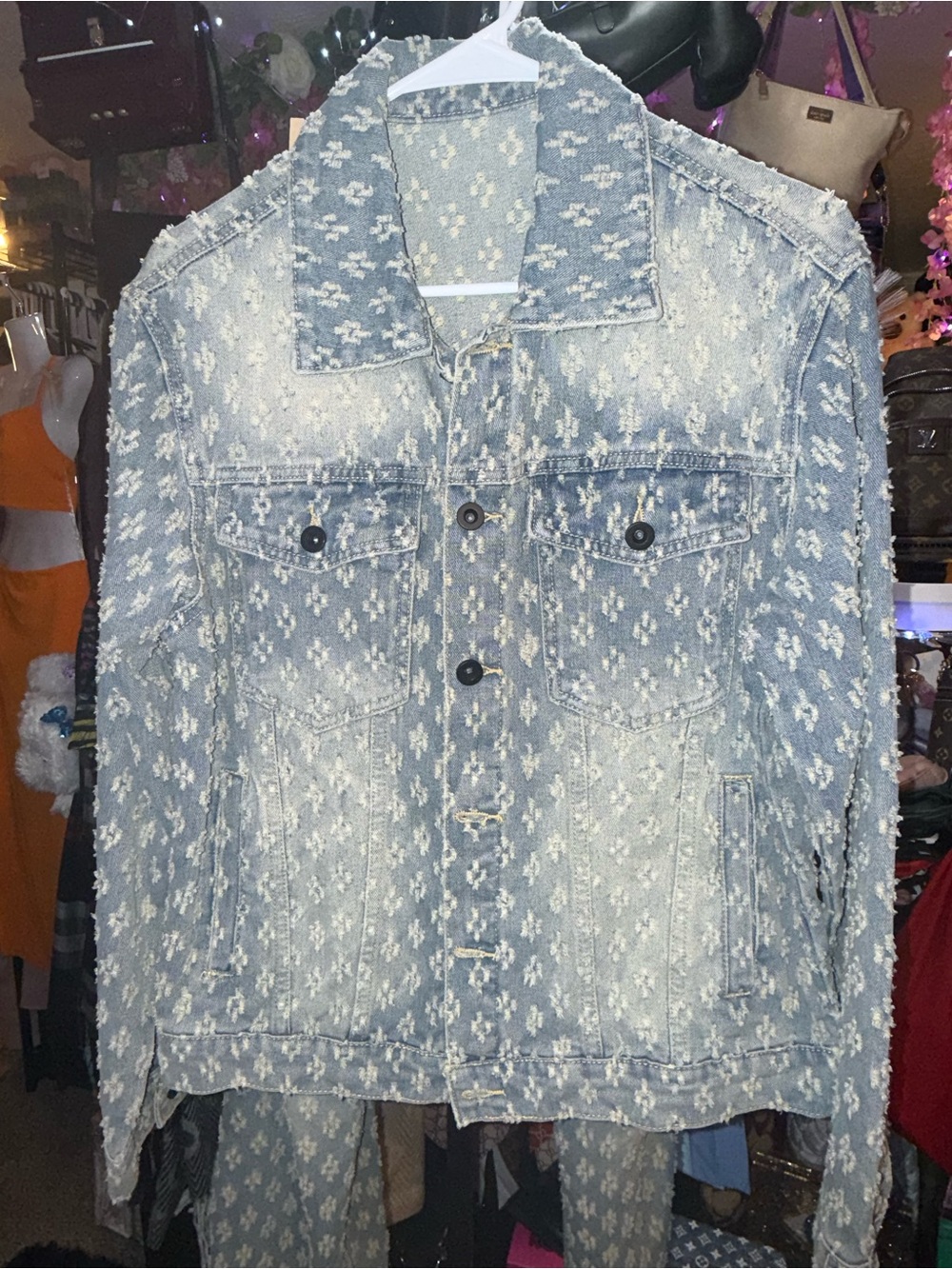 Denim Floral Print Jacket and jeans - Light Blue/white